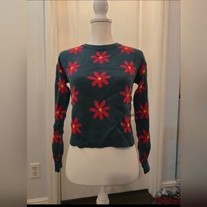 GAP Kids Forest Green Sweater with Red Flowers